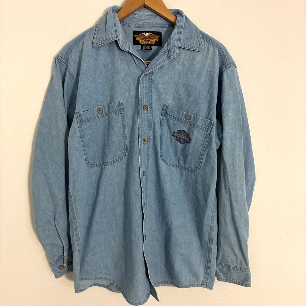 Harley Davidson Denim Shirt Mens M Light Wash Button Up‎ Motorcycle Biker